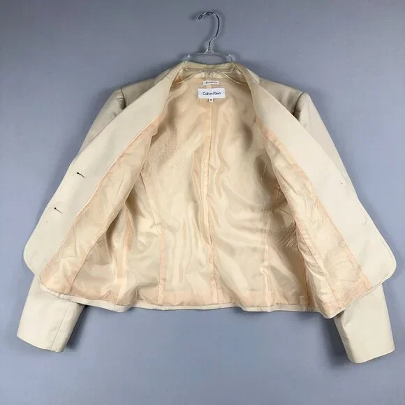 Calvin Klein Blazer Coat Womens Size 10 Stretch Single Breasted Beige Cream - Picture 3 of 10